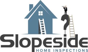 Image presents the picture of an inspector, who climbed a ladder from the company logo's name, perched atop a large question mark, viewing an adjacent house through a telescope to present the idea of the certified home inspector from Slopeside Home Inspections, Andrew Tewson, who serves the Washington and Oregon service areas.